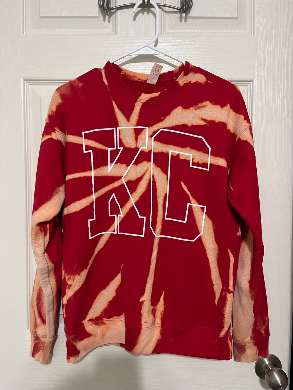 Small Red Tie-Dye Crewneck Sweater with KC Lettering